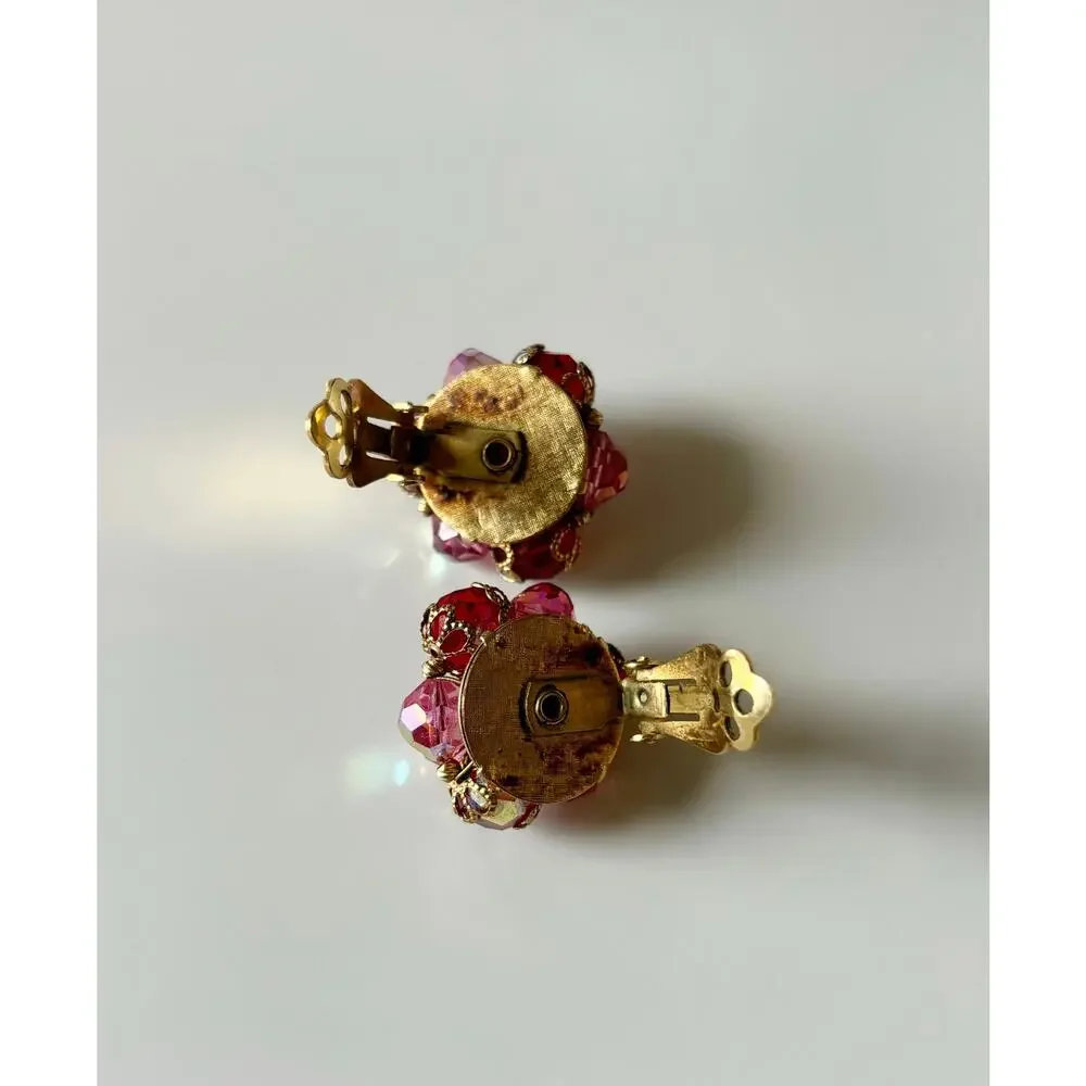Vintage Cluster Jewel Clip On Earrings Red